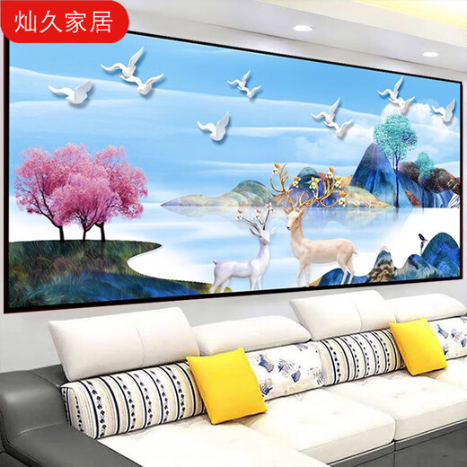 客厅装饰画自粘贴画沙发背景墙3D立体山水画墙贴墙纸挂画壁画贴纸 麋鹿山水-TH-1381 自带背胶1号宽60厘米*高30厘米