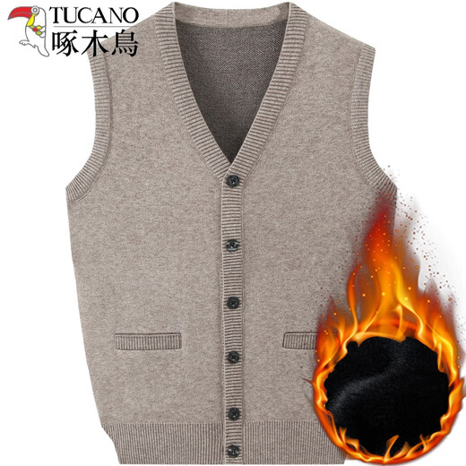 Woodpecker (TUCANO) cardigan men's thick velvet dad knitted cardigan sweater men's vest vest waistcoat middle-aged and elderly men's winter JK-02 thickened velvet camel 185 170-190Jin Jin equals 0.5 kg