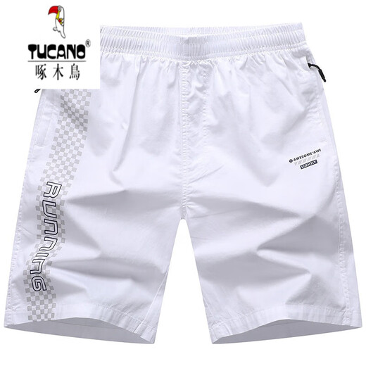 Woodpecker (TUCANO) reine weiße Shorts für Herren, Sommer, reine Baumwolle, äußere Viertelhose, Laufen, lässig, 5-Minuten-Halbhose, trendig, 9227, weiße Tasche mit Reißverschluss, L 100–130. Jin Jin entspricht 0,5 kg