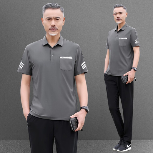 昇域中老年人运动服套装男夏季冰丝短袖长裤休闲中年男士爸爸夏装套装 756款黑色 XL 【建议体重126-140斤】