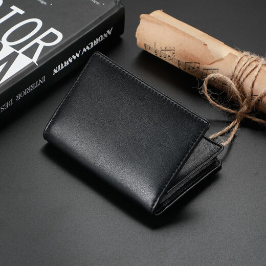 伊恩玛真皮名片夹男士女士大容量名片盒商务时尚卡包头层牛皮卡片包 黑色