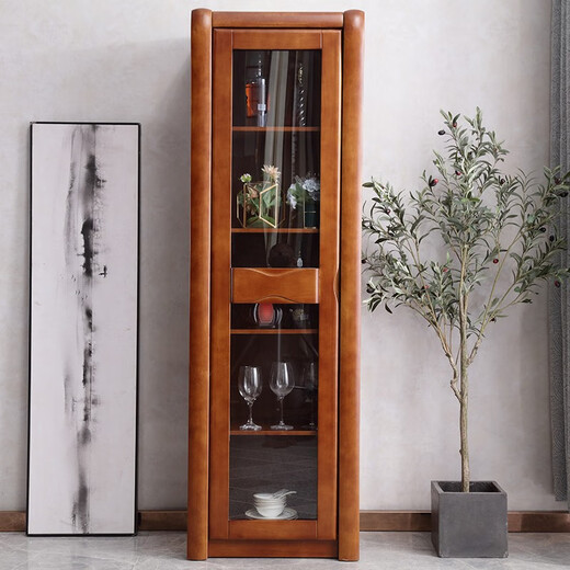 Chen Fei Furniture Chinese solid wood wine cabinet TV cabinet side cabinet single door narrow cabinet multi-functional glass small apartment living room storage cabinet walnut color