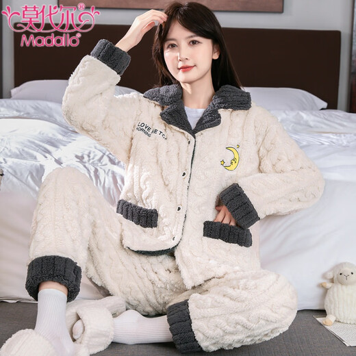 莫代尔睡衣女秋冬款冬季珊瑚绒家居服法兰绒加厚冬天加绒保暖可外穿套装 T679女开衫Luna白月光 M ：建议穿着体重(85-100斤)