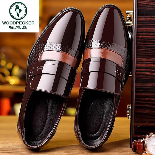 
Woodpecker formal wear without laces for work men's leather shoes dad flat men's leather shoes suit soft leather large size shoes 9902 shine black 40