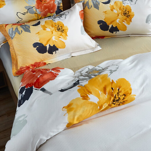 Luolai Chinese ink style flower pure cotton four-piece set, cotton high-density satin bedding, ink color 200x230cm
