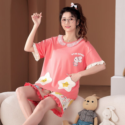 
Langsha parent-child mother-daughter clothing pajamas women summer short-sleeved thin cotton home clothing girls summer girls student suit LM6627 XL women 165-170CM/115-135Jin[Jin equals 0.5 kg]