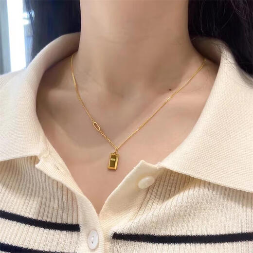 Kuang Yi's new 18K gold rich small gold brick pendant women's clavicle chain 3D thick gold necklace gold bar necklace small gold brick necklace