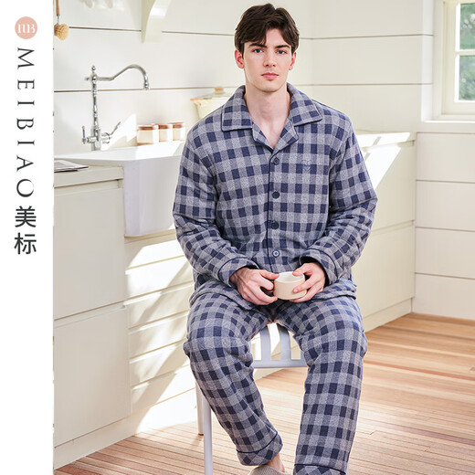 American Standard Couples Three-Layer Thickened Warm Padded Pajamas Set Women's Autumn and Winter Plaid Soft Cotton Can Be Weared Outside Home Clothes Men's Twilight Blue L