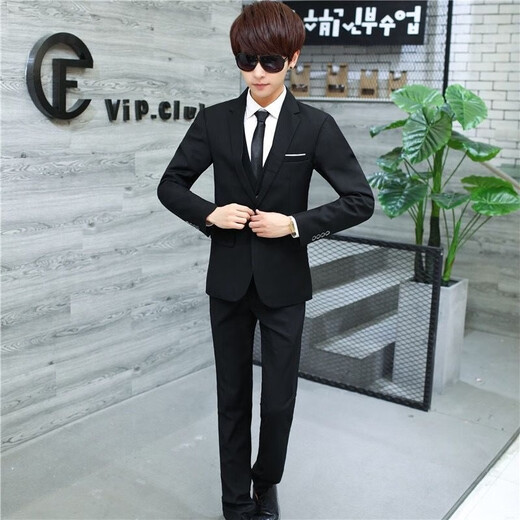 Autumn black suit for men, handsome college student, middle and high school student graduation photo suit, five-piece wedding dress, single button, black suit + white shirt + trousers + tie XL 121-134Jin Jin is equal to 0.5 kg