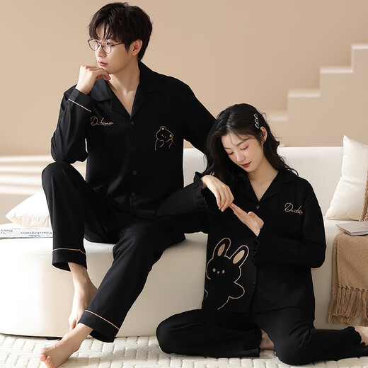 LangSha Couple Pajamas Autumn Pure Cotton Cartoon Cardigan Home Clothes Autumn One Male and One Female Student Dormitory Can Wear Outside Suit 961 Couple Outfit Female L + Male L