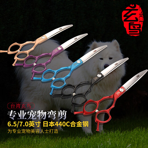 Xuanniao professional pet scissors curved shears trimming beauty scissors Pomeranian Teddy Bichon dog hair clipper trimming tool 6.5 inches purple 6.5 inches (curved scissors)