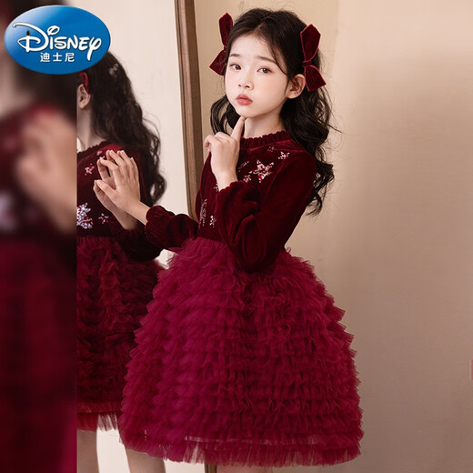 Disney girls dress children's autumn and winter gold velvet sequins burgundy puffy cake dress hosting performance princess dress burgundy 01 style 100 cm