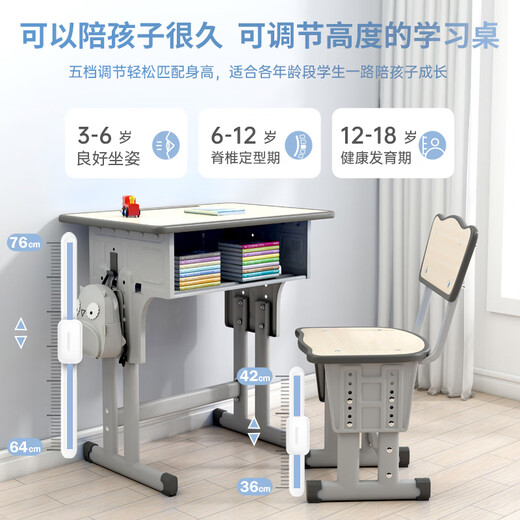 晶霄 儿童课桌椅培训辅导班书桌家用学习桌椅学生写字桌椅套装可升降 【旗舰款】 双柱课桌+椅 深灰色