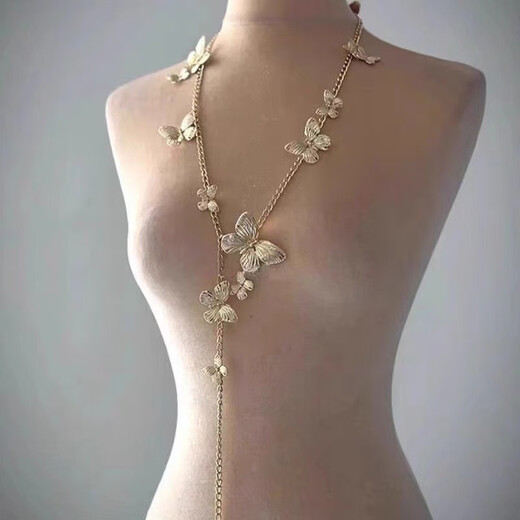 CHUXIANG retro golden butterfly waist chain necklace, a two-wear niche style, light luxury, sweet and cool hot girl body chain, golden butterfly tassel waist chain A28-308