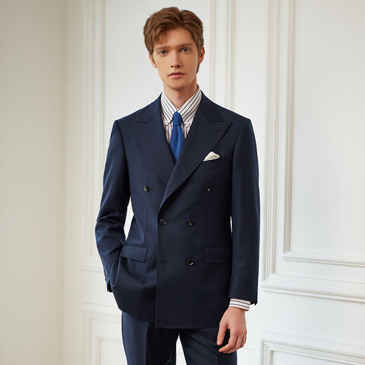 Guillaume de Mons Aojia pure wool formal men's suit business high-definition double-breasted suit groom wedding suit spring and summer new Prussian blue two-piece suit top + pants 50