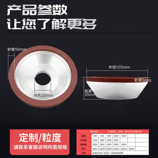 CLCEY定制碗型金刚石砂轮125*32*10*5钨钢刀具开刃铣刀硬质 12532砂宽20粒度100目