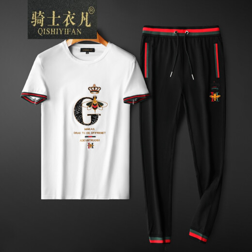 Knight Yifan brand T-shirt men European station 2021 summer new youth fashion trendy brand European and American style embroidered short-sleeved versatile trousers large size slim casual sports suit men white clothes black pants M