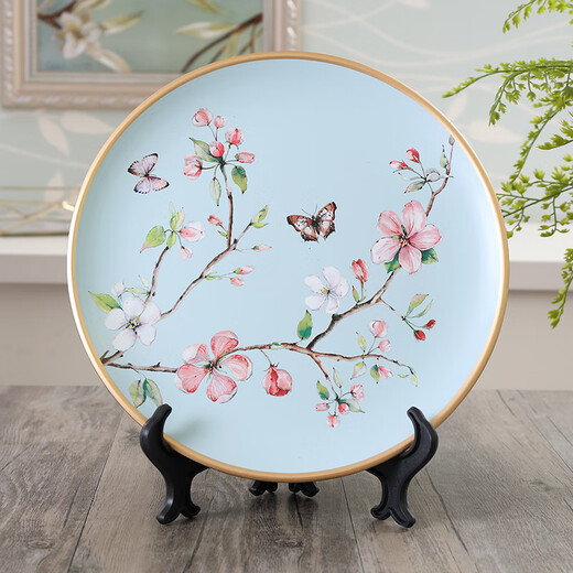 
Apocalypse [Official Direct Sale] Ceramic Dish Ornaments Tira American Country Ceramic Decorative Plates to Check the Living Room Sample 1047 Blue Warbler Blossoms + Stand