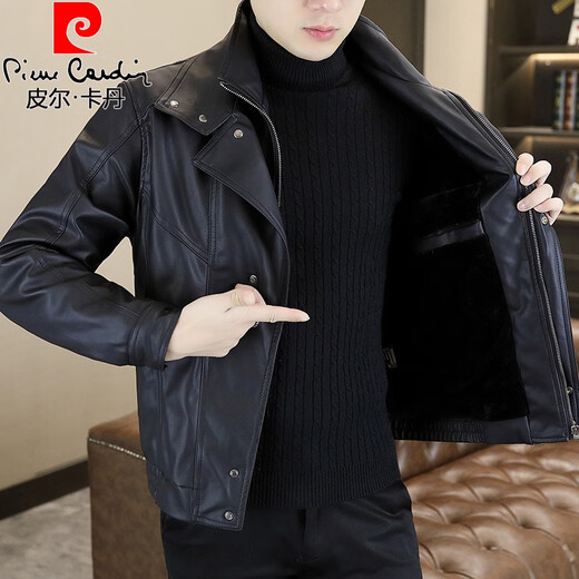 皮尔卡丹（pierre cardin）冬季加绒皮衣男痞帅个性西装领假两件感皮夹克防风机车服外套 卡其/ 加绒 L 90-110斤左右