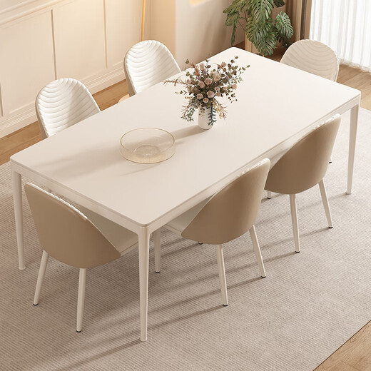 Paschaman Esstisch französischer Creme Stil Steinpanorama Esstisch und Stuhlkombination einfaches Wohnzimmer kleiner rechteckiger Esstisch 1043y [Creme Weiß] 1047p# Caterpillar Essstuhl Sechs Kombination