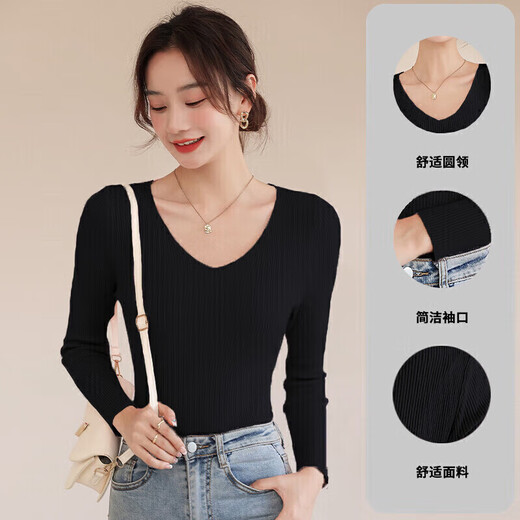 Jeanswest Knitwear Women's 2025 Autumn Slim V-neck Long Sleeve Bottoming Knitwear Inner Top Women's Black One Size