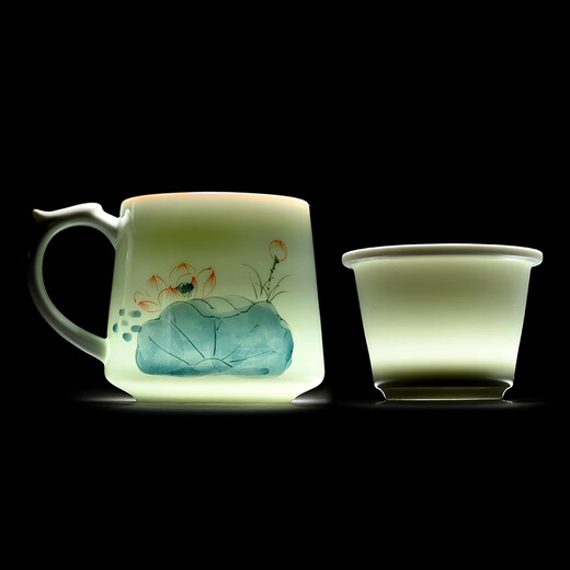 Gold inlaid jade tea cup, office conference room tea cup, tea water separation and filtration ceramic gift box, Lotus tea cup