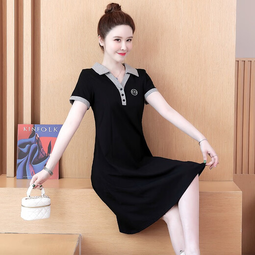 薇洛萱（WeiLuoXuan）polo领2025夏季新款连衣裙女宽松t恤裙棉显瘦遮肚减龄韩版a字9225 黑色 2XL 建议130-145斤