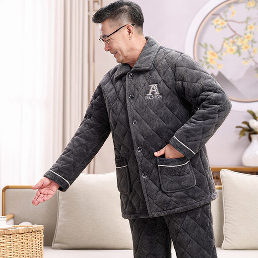 Suiyue Men's pajamas in autumn and winter, three-layer thickened coral velvet cotton warm, middle-aged and elderly home clothing Daddy set N9921M gray milk velvet upgraded thickened L size (90-120Jin [Jin equals 0.5 kg])