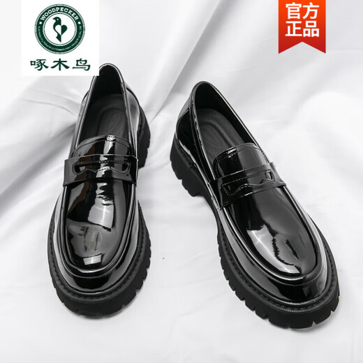 Woodpecker Men's Moders 2025 Nouvelles chaussures pour hommes Souleuses épaisses semelles brillantes Chaussures en cuir à tendance Lazy Chaussures 3519 Black High Quality version 40