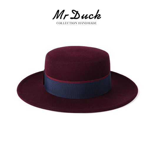 Mr DUCK Australian wool flat top hat for women New Year atmosphere festive hat Qiji red French style handmade felt hat MW462145-enamel wine red (double patchwork ribbon) L (57-58cm)