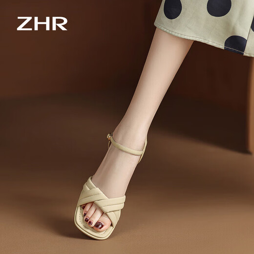 ZHR凉鞋女夏季优雅一字带粗跟女鞋温柔纯色高跟鞋子女 Y683 浅黄 36 