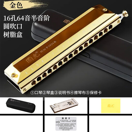 国光半音阶口琴12孔48音C调16孔高级专业演奏初学者成人儿童小学生 16孔 C调 国之梦磨砂黑（圆口标配）