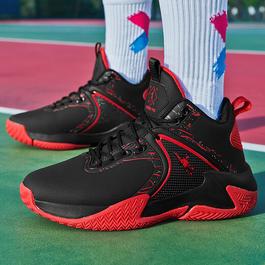 Jordan Green Basketball Shoes Men's Waterproof Leather Sports Shoes Lightweight Indoor and Outdoor Shock Absorbing Wear-Resistant Anti-Slip Combat Boots Autumn and Winter Black Red-Leather Style 41