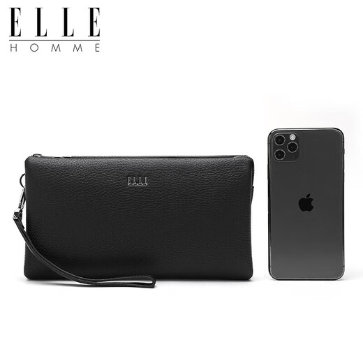 ELLE HOMME men's handbag, top layer deer leather zipper wallet, large capacity clutch bag, fashionable men's bag, EB282300450 black, birthday gift for boyfriend