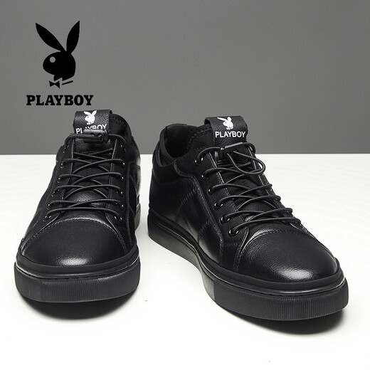 Playboy casual leather shoes men's new lightweight breathable first layer cowhide sneakers soft sole soft surface wear-resistant elastic band men's single shoes black 40