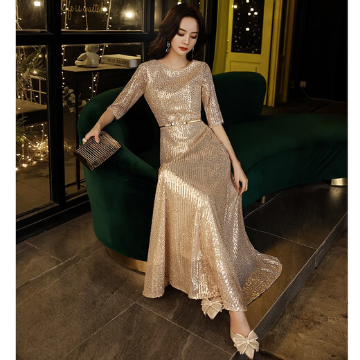 Seidler champagne color evening dress for women 2025 new dress high-end wedding dress noble wedding mother wedding banquet dress young gold XL (recommended 116-125 Jin Jin equals 0.5 kg)