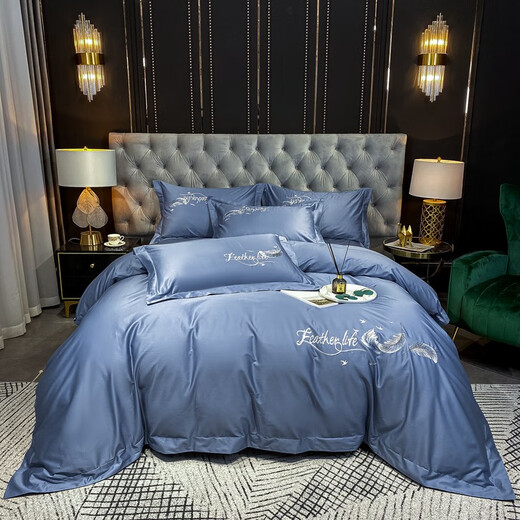 Antarctic (home) summer 60 long velvet cotton bed four-piece set pure cotton 100% cotton hotel quilt cover bed sheet double bed cover supplies Feiyu Bentley Blue-60 long velvet cotton 1.5m bed [foot cover four-piece set]