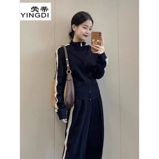 Fyling (YINGDI) sense casual sports suit for women Spring and Autumn European black sweatshirt women casual pants two-piece set small fragrance style age-reducing black suit M
