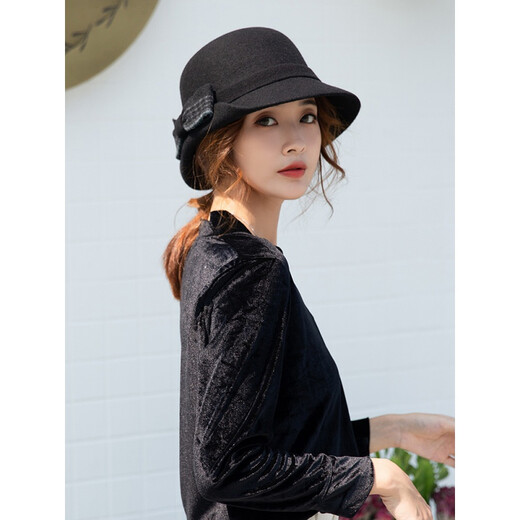 JIASHENGXI wool fisherman hat British hat women's autumn and winter versatile elegant basin hat fashion socialite Hepburn small brim French hat brick red adjustable