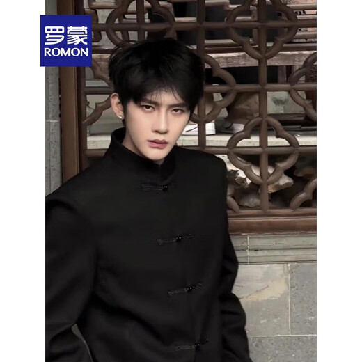 罗蒙（ROMON）新中式男装中国风黑色立领盘扣西装外套感订婚年轻人中山装西服 黑色 L 120-135斤