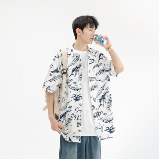 港莲娅夏威夷风短袖花衬衫男冰丝凉感夏季海边沙滩宽松休闲五分袖上衣服 h-6629马达加斯加黑 M  (建议110-130斤)