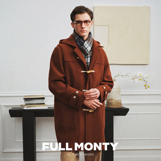 FULL MONTY【牛角扣】毛呢大衣男款连帽呢子大衣商务休闲羊毛中长款外套秋冬 焦糖色6241 50