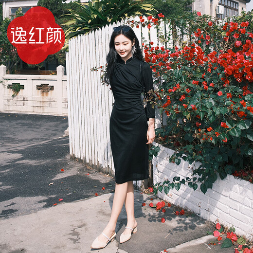 E.Beauty Special Price New Hanshan 2025 Autumn New Acetate Knitted Pleated Cheongsam Skirt for Women Ink Black M
