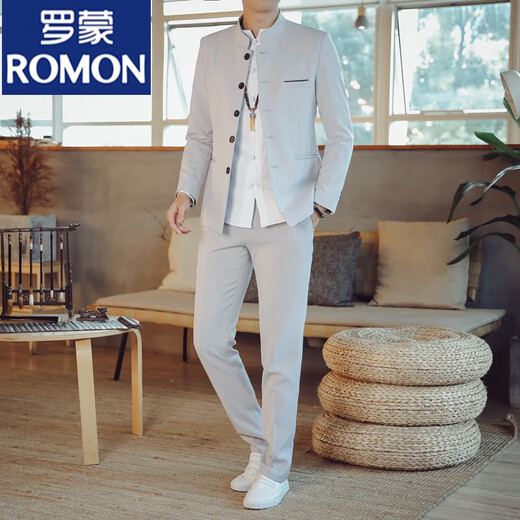 ROMON Chinese tunic suit for young men Chinese stand-up collar suit men's Tang suit casual jacket men's spring and autumn wedding dress 107 off-white top + pants L