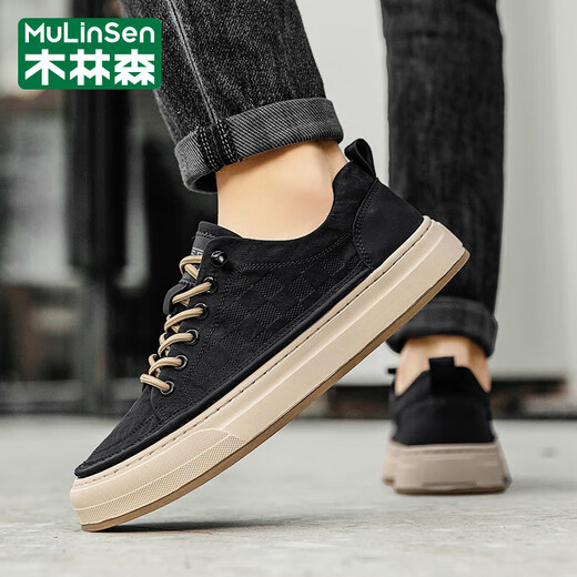 Mulinsen (Mulinsen) Brand Herrenschuhe 2025 Frühlings- und Sommer-Mode-Trend-Leinwandschuhe weiche Sohle-Kee-Resistante Brettschuhe atmungsaktive Freizeitschuhe Herrenschwarz (Markenschuhe für Männer) 41