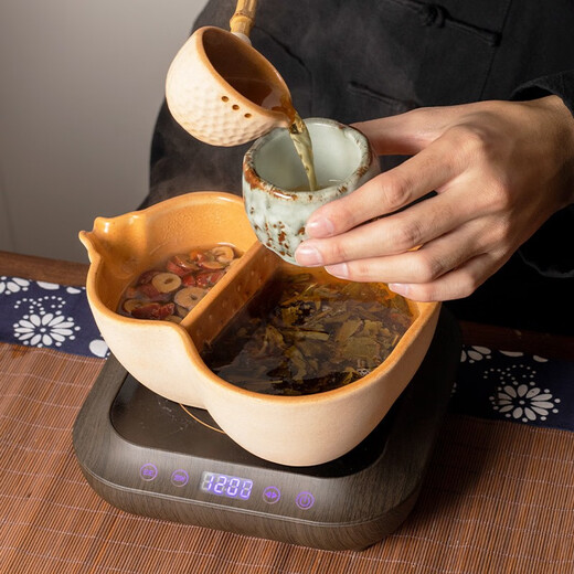 
Rongshantang coarse pottery white mud ancient method cans tea milk tea surrounding the stove tea boiler gourd teapot electric pottery stove teapot set coarse pottery white mud tea bowl-Fulu double full 1050ml