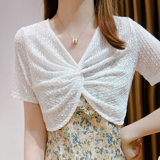 Li Yun House Pequeño chal con chaleco de encaje para estilo corto de verano, cuello en V delgado con falda de suspensión, temperamento de moda, blanco [manga corta de jersey de una sola pieza 701] M [96-115Jin [Jin equivale a 0.5 kg]]]