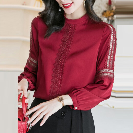Yiyuyouxiang red shirt women's 2021 spring new high-end satin embroidered hollow long-sleeved top red L