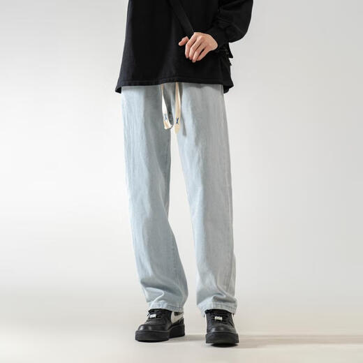 Dingfengbaoluo washed retro jeans men's autumn loose and versatile straight casual long pants men 808 light blue L