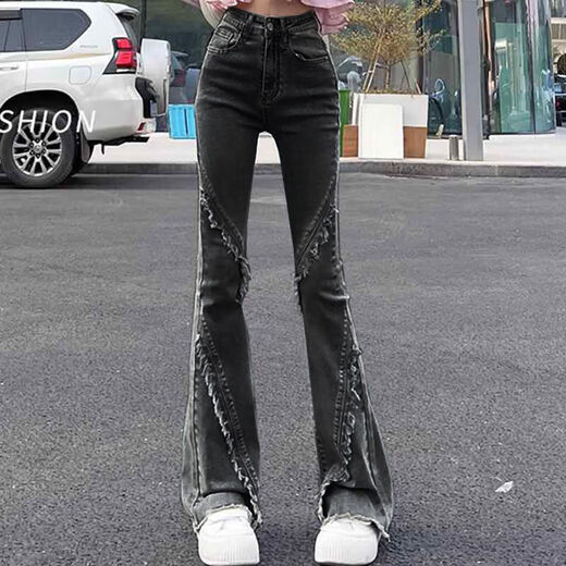 Mu Yilin Jeans für Frauen im Frühling und Herbst Neues schwarzes Grau leicht ausgestattet Hochtütig Slim Nischendesign Slim Woll Flared Hosen 677 Black Grey 30